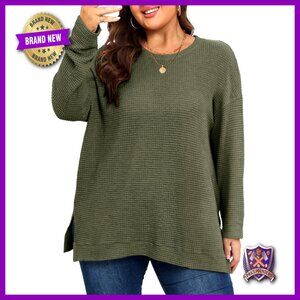 Plus Size Waffle Knit Oversized Pullover Sweater Long Sleeve Crewneck